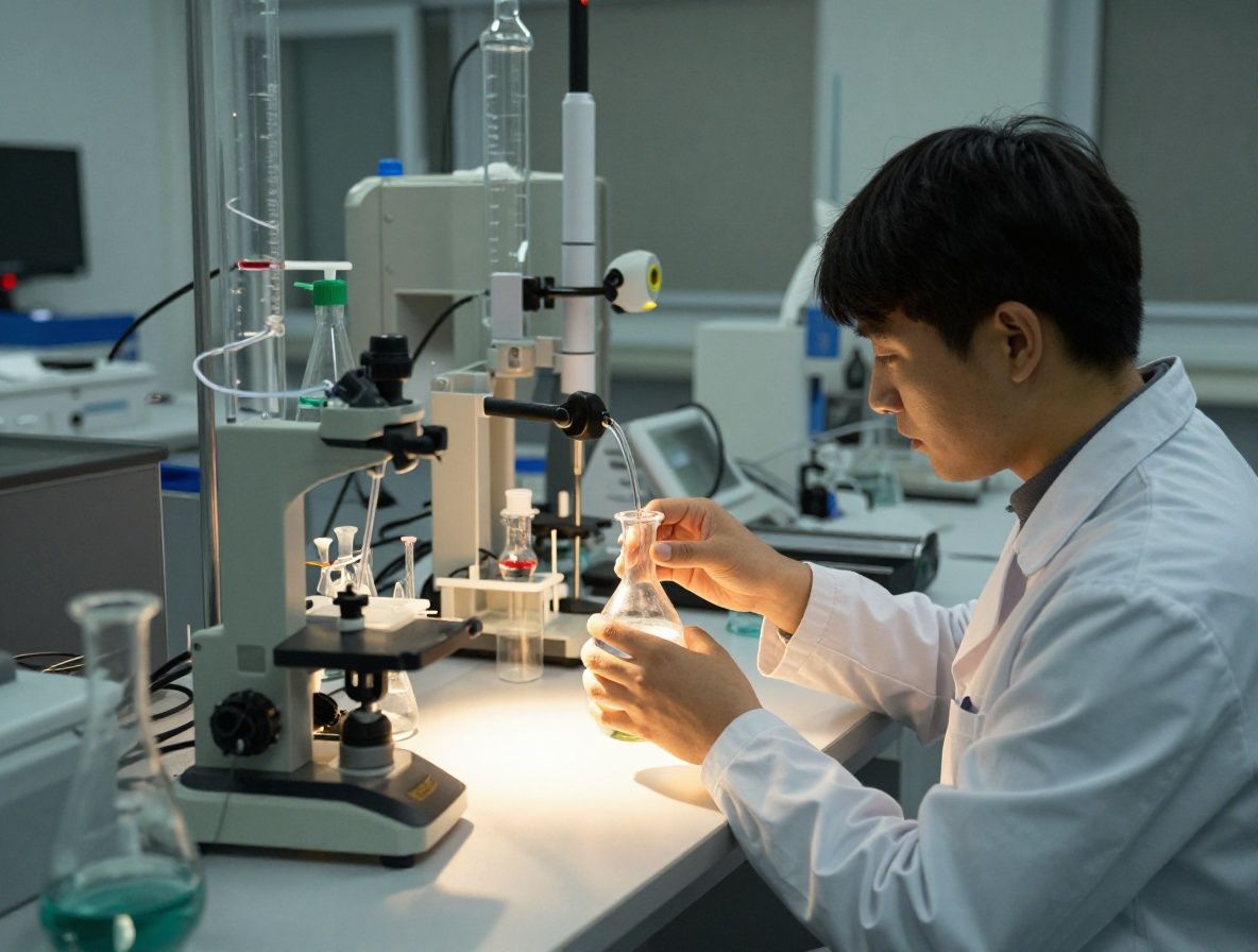 Abstrakti laboratorionurkka ilman ihmisiä, tyhjiä lasiesineitä hyllyillä pehmeässä luonnonvalossa, tieteellinen ja rauhallinen tunnelma